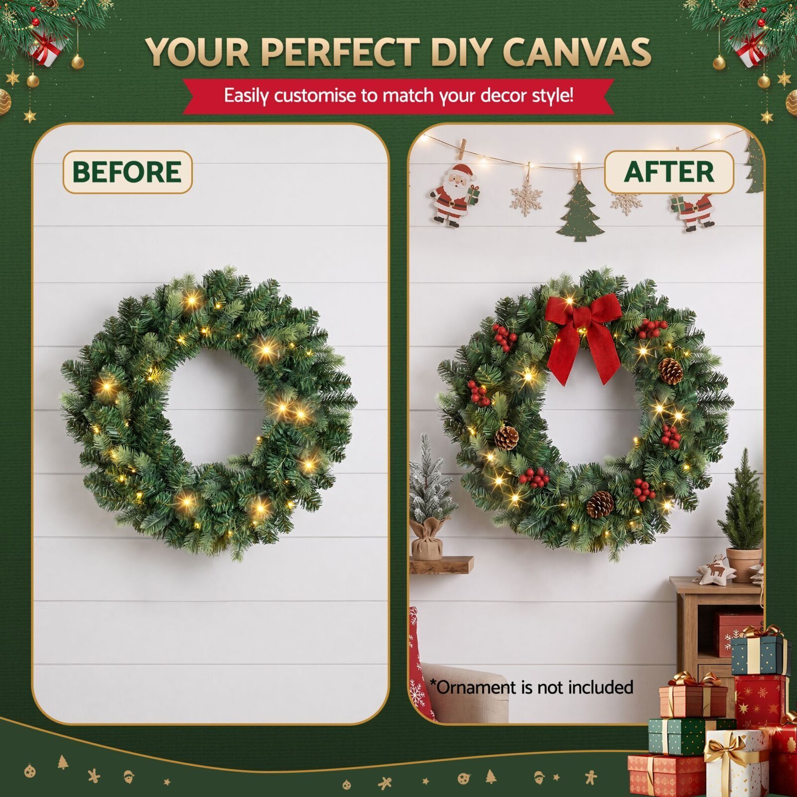 Jingle Jollys 60cm Pre-Lit Christmas Wreath GarlandsWarm White LED Light Door