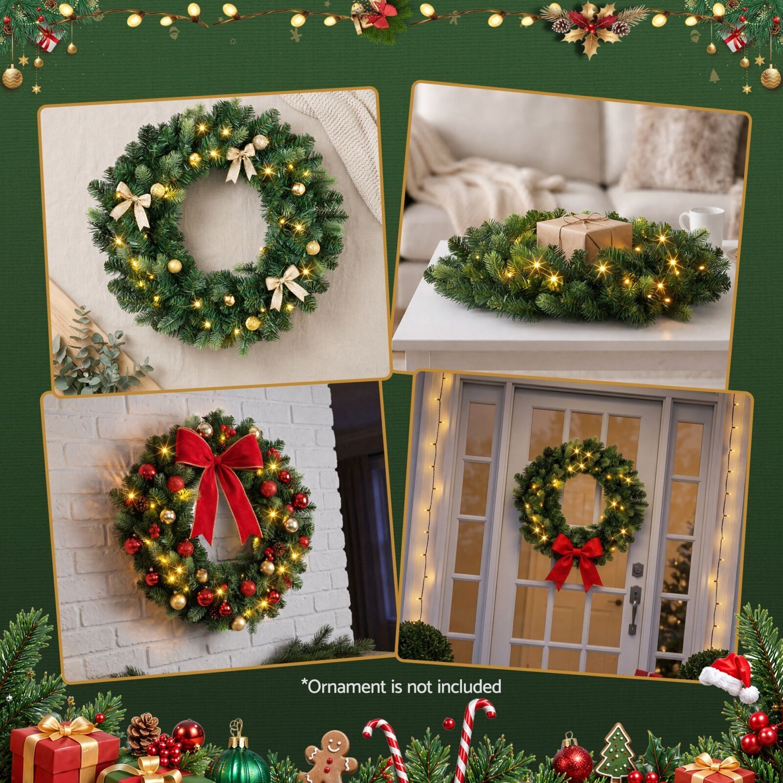 Jingle Jollys 60cm Pre-Lit Christmas Wreath GarlandsWarm White LED Light Door