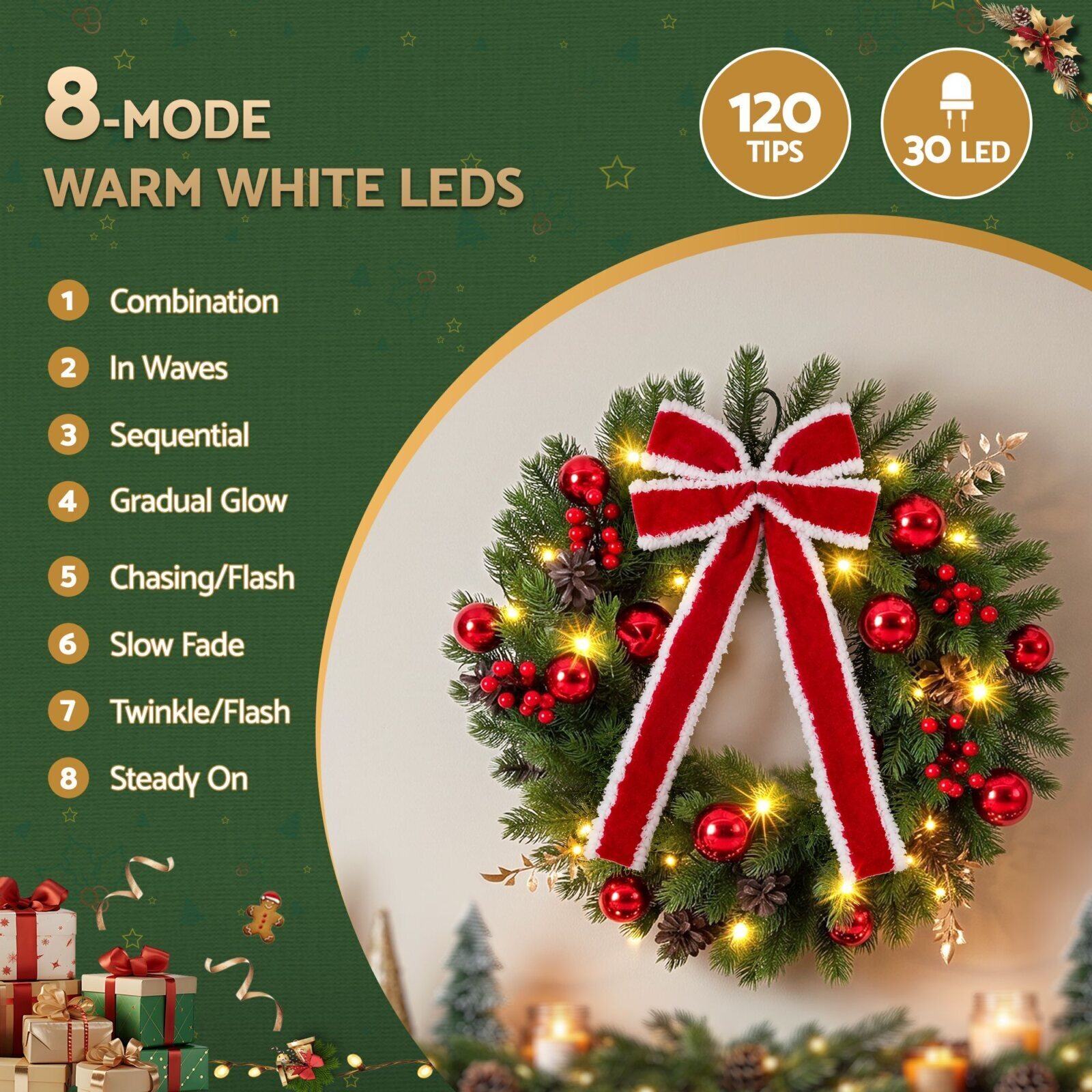 Jingle Jollys 60cm Pre-lit Christmas Wreath Garlands LED Light Front Door Decor
