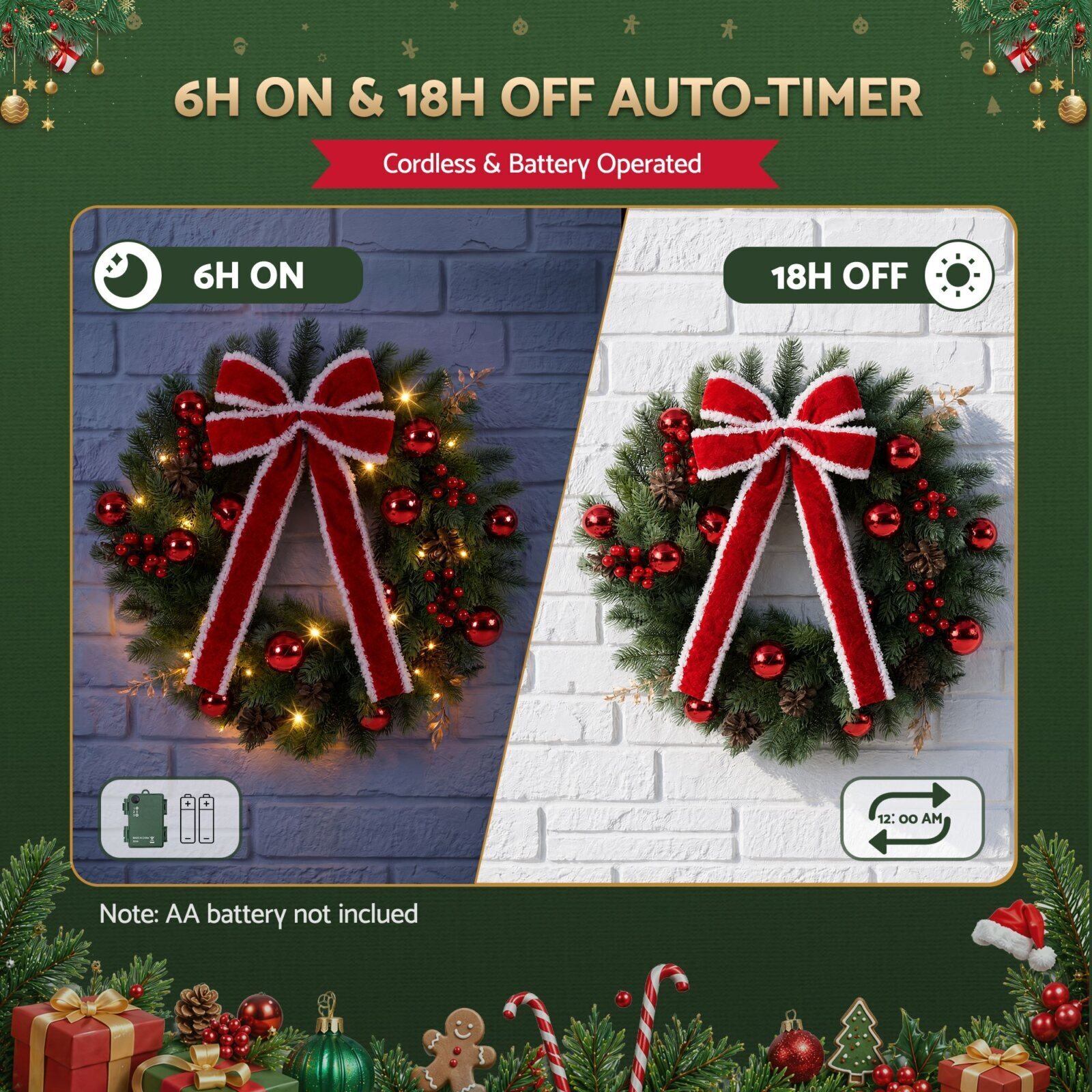 Jingle Jollys 60cm Pre-lit Christmas Wreath Garlands LED Light Front Door Decor