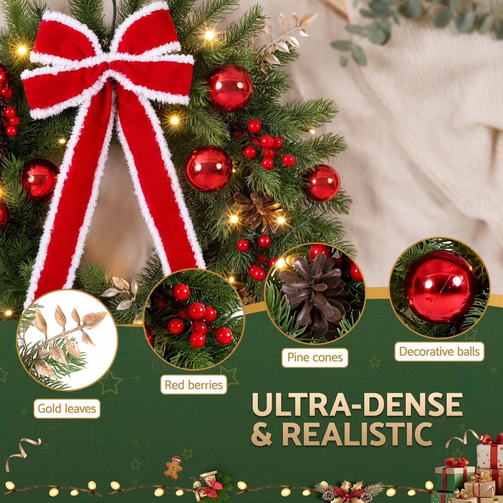 Jingle Jollys 60cm Pre-lit Christmas Wreath Garlands LED Light Front Door Decor
