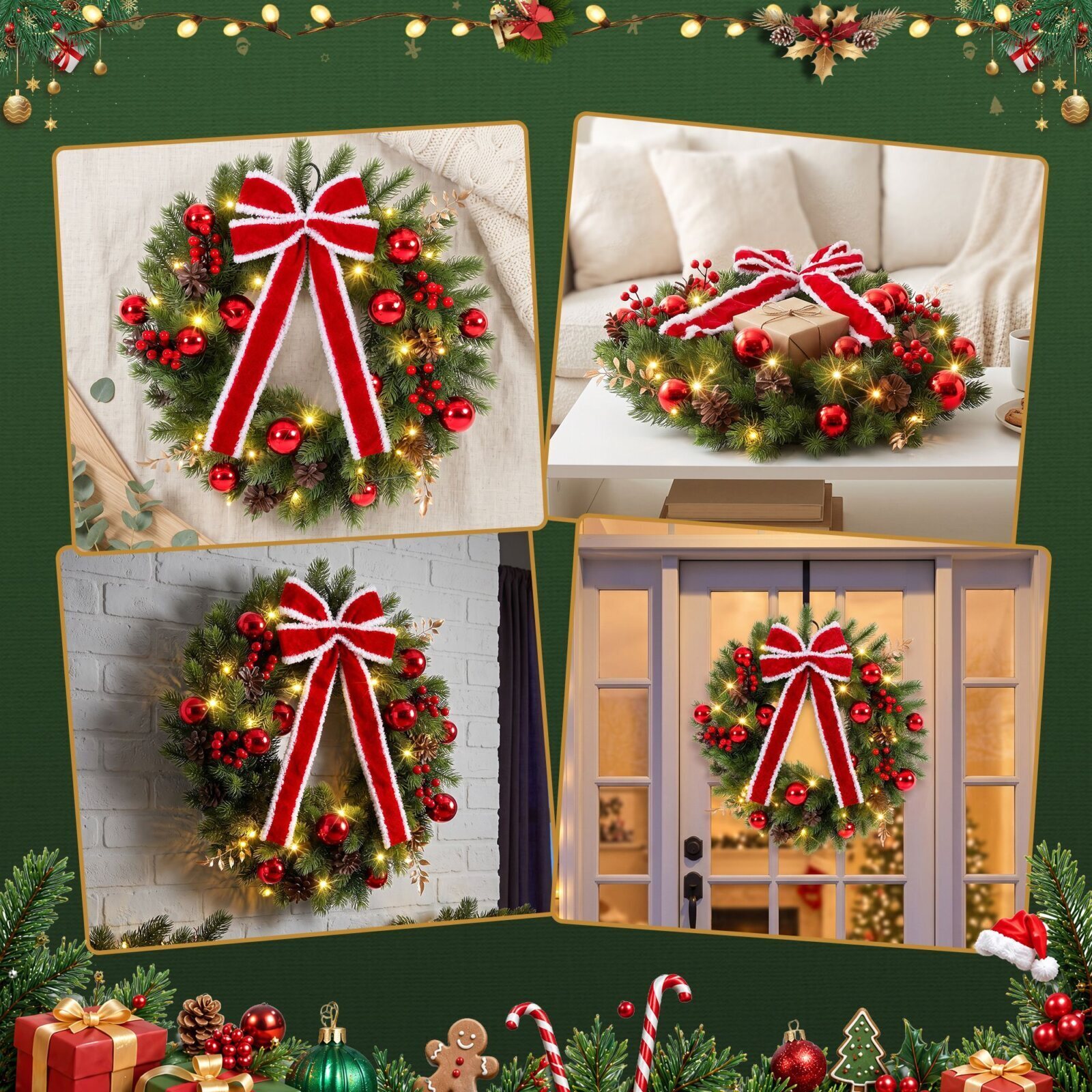 Jingle Jollys 60cm Pre-lit Christmas Wreath Garlands LED Light Front Door Decor