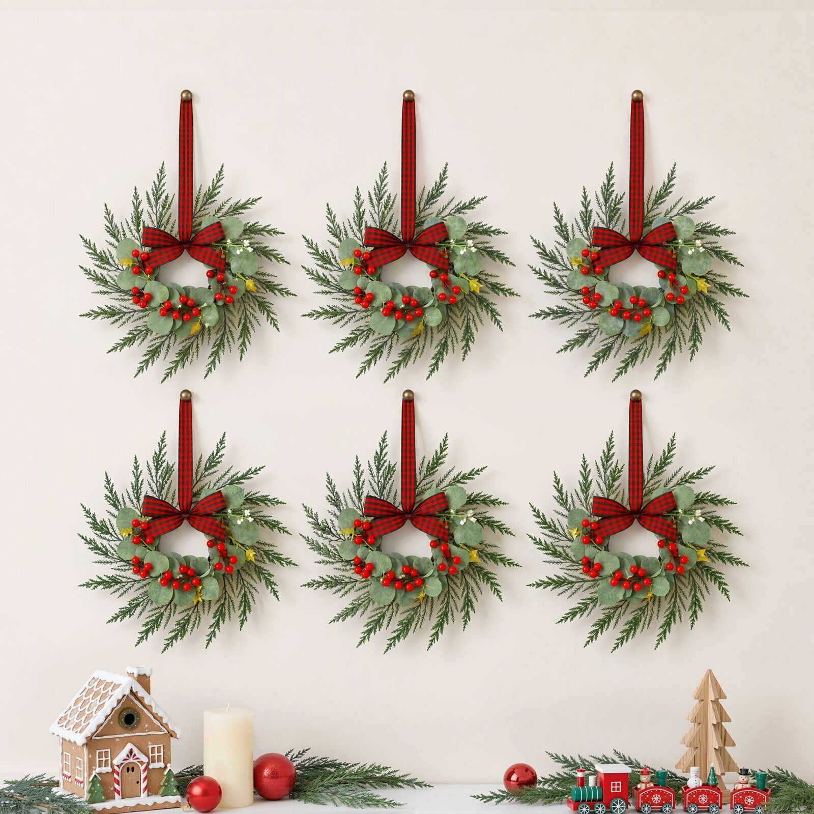 Jingle Jollys 6x Christmas Wreath Garland 26cm Wreaths Red Berries Bow