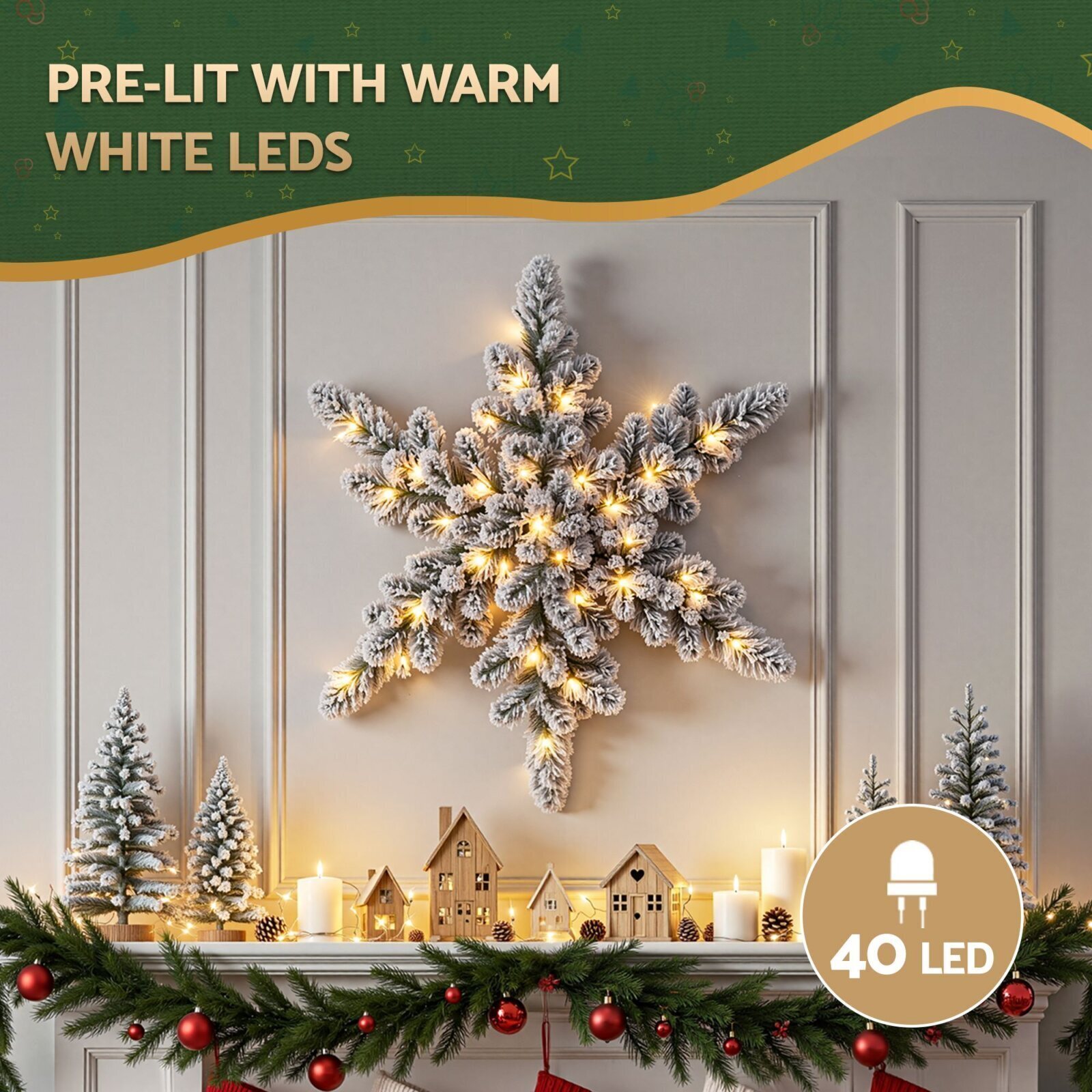 Jingle Jollys 60cm Flocked Snowflake Christmas Wreath Garland Pre-Lit 40 LED