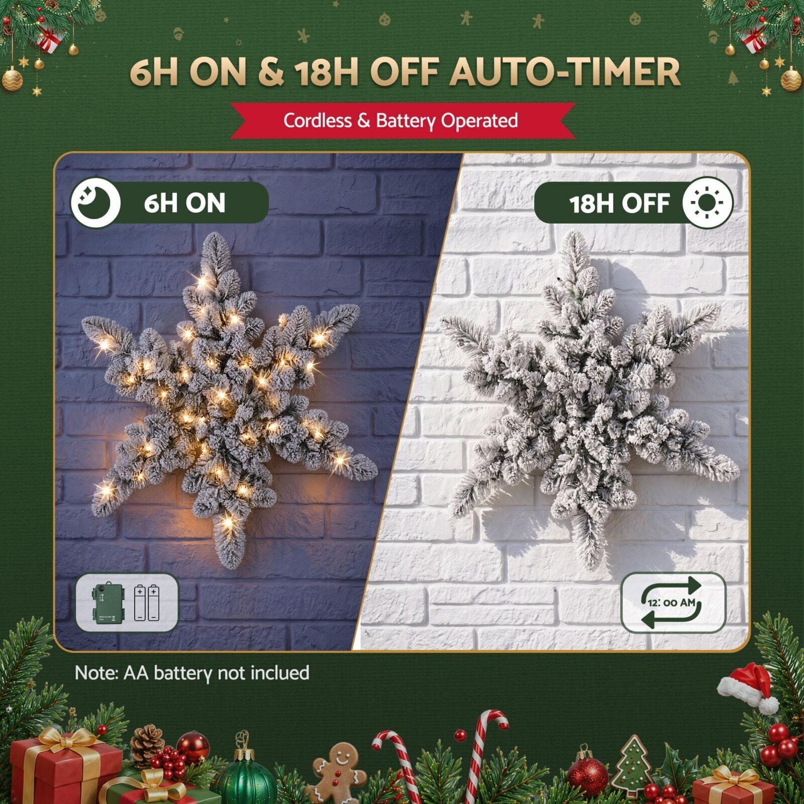 Jingle Jollys 60cm Flocked Snowflake Christmas Wreath Garland Pre-Lit 40 LED
