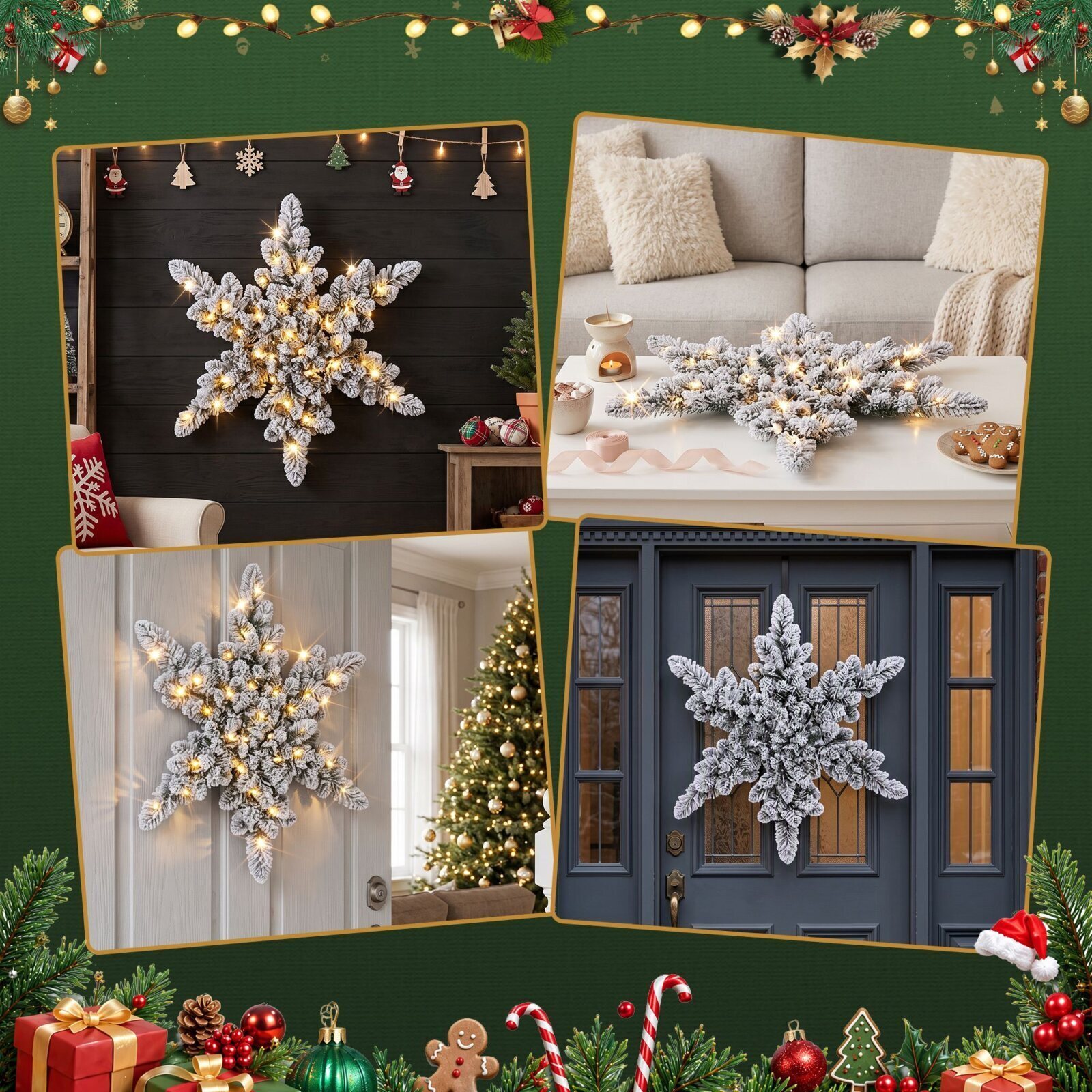 Jingle Jollys 60cm Flocked Snowflake Christmas Wreath Garland Pre-Lit 40 LED