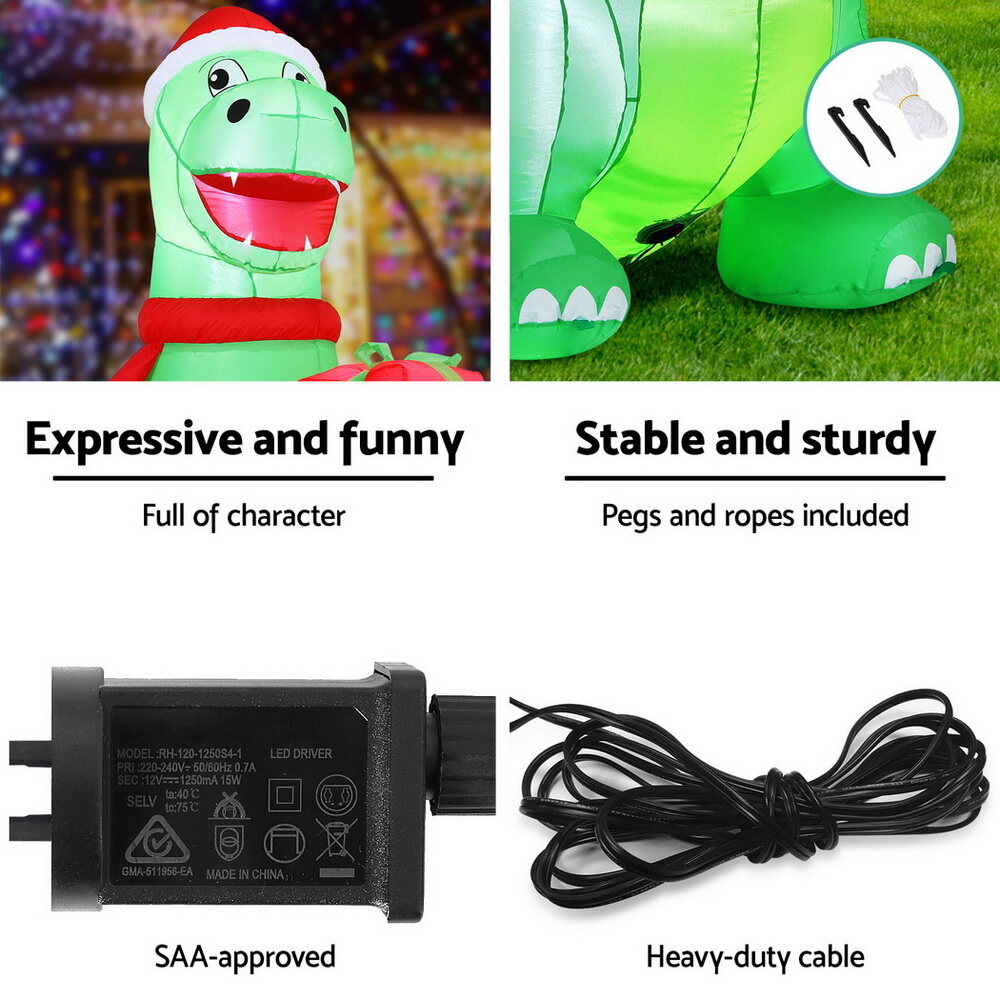 Jingle Jollys Christmas Inflatable Dinosaur 1.8M Height LED Decorations