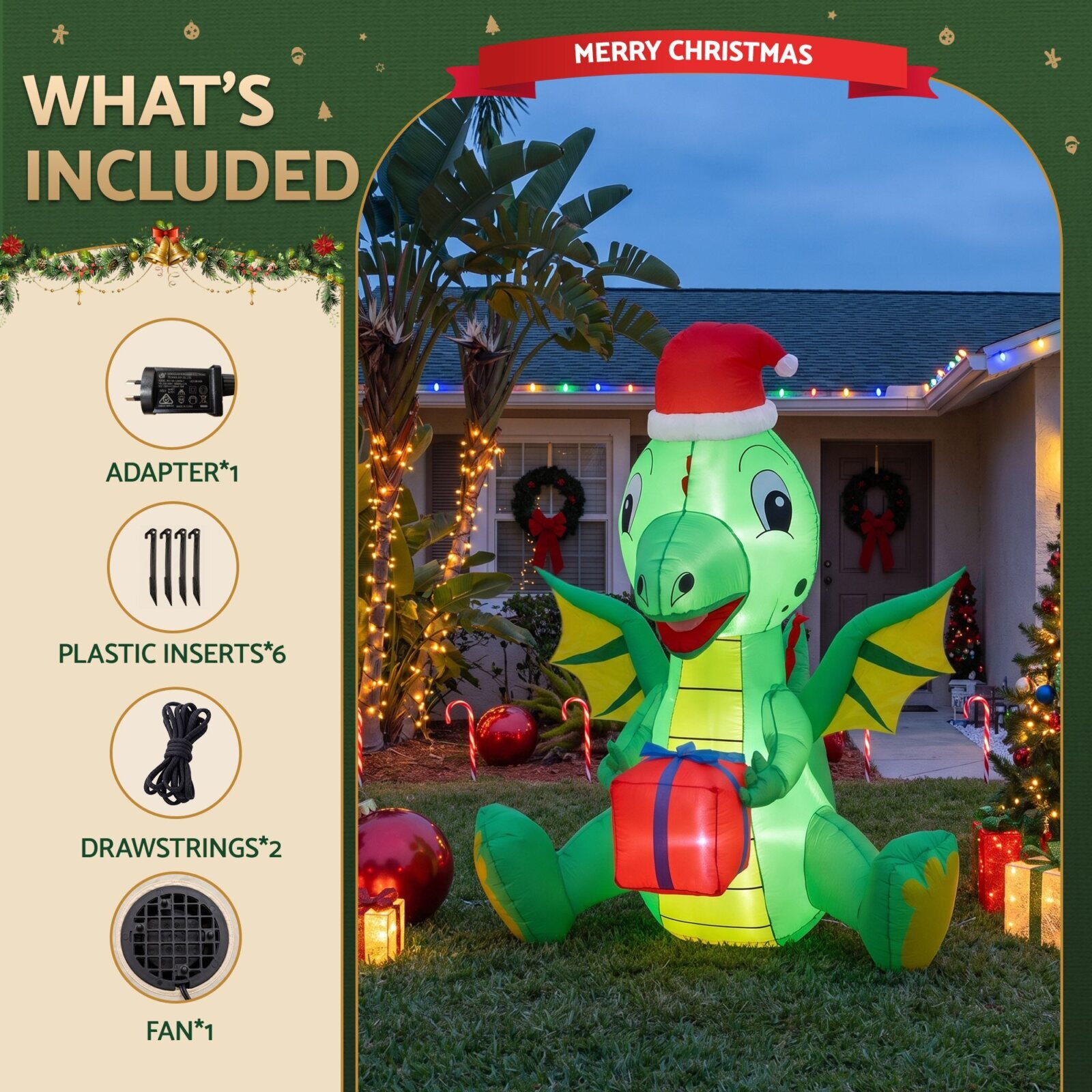Jingle Jollys Christmas Inflatable Dragon 1.8M Height LED Outdoor Decorations