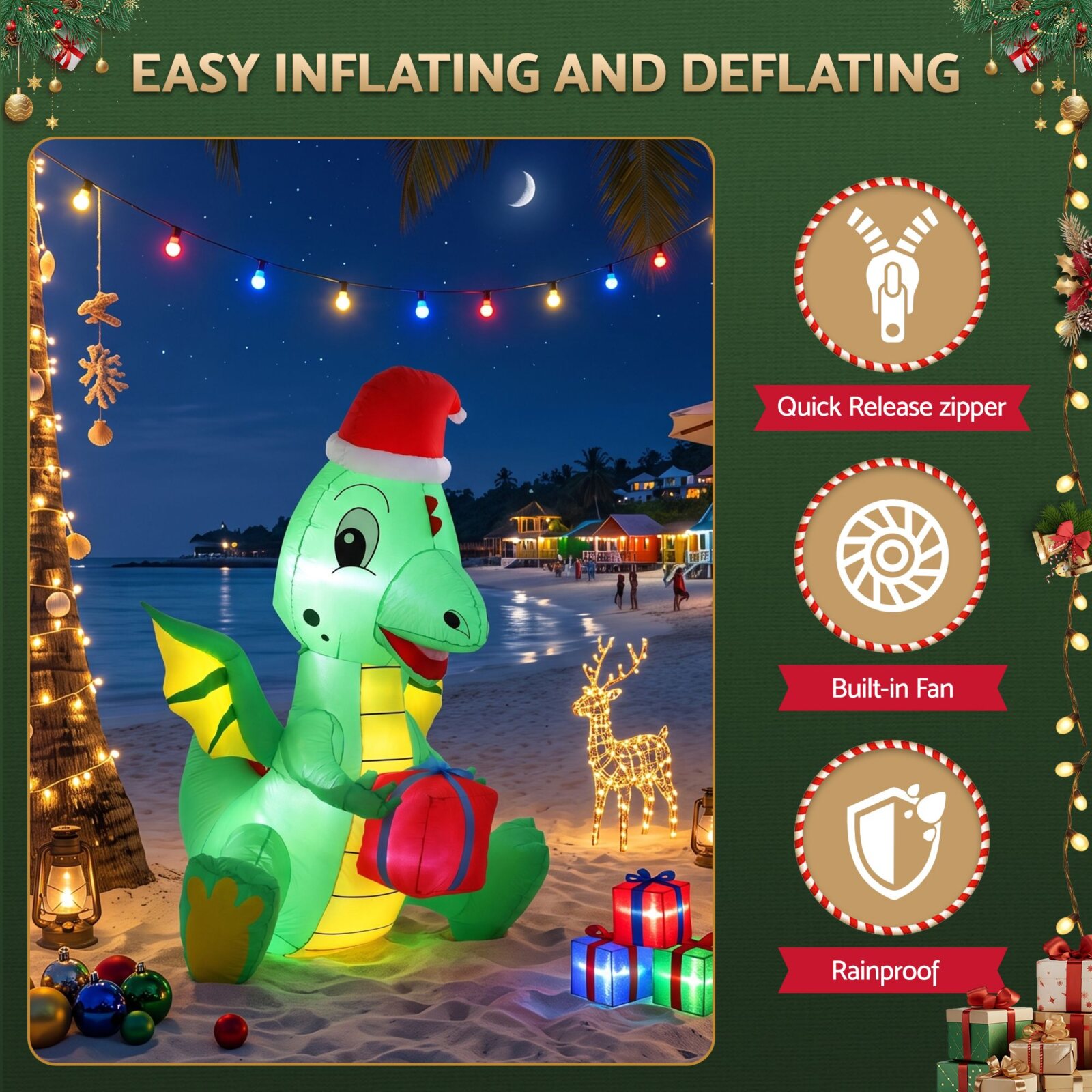Jingle Jollys Christmas Inflatable Dragon 1.8M Height LED Outdoor Decorations