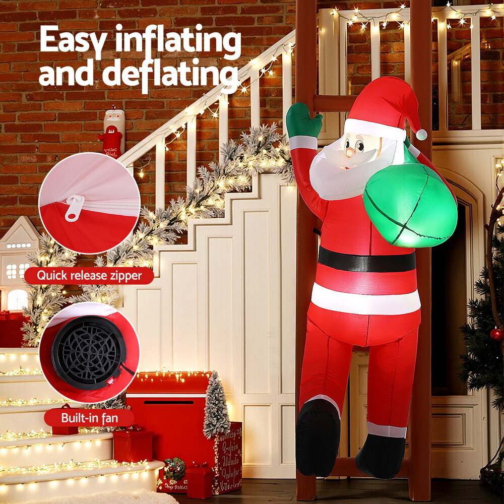Jingle Jollys Christmas Inflatable Santa Climbing Ladder 2.45M Height LED