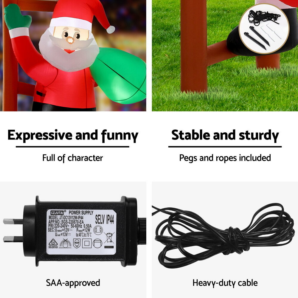 Jingle Jollys Christmas Inflatable Santa Climbing Ladder 2.45M Height LED