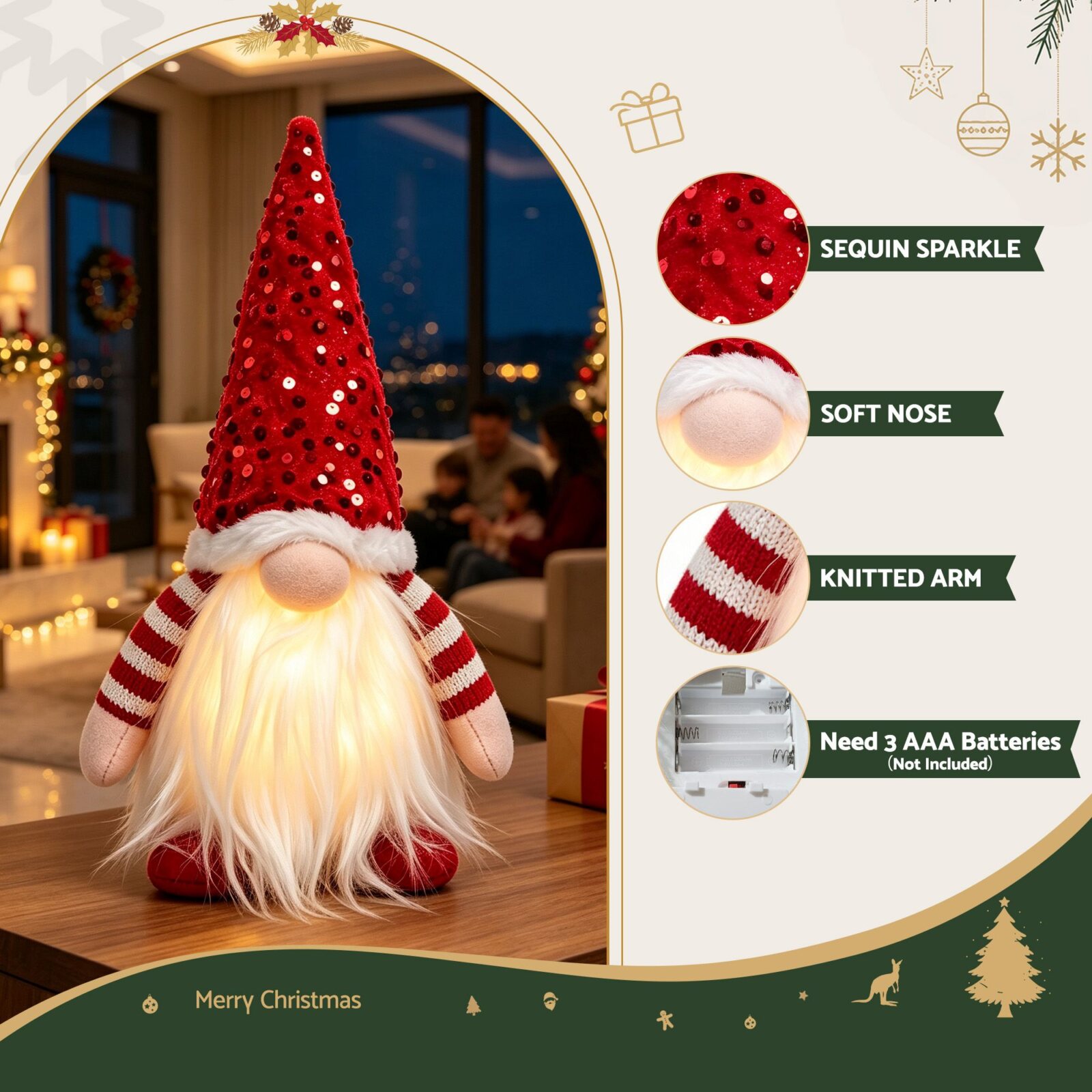 Jingle Jollys Christmas Gnomes Light Up Christmas Decorations Plush Goblin 3pc