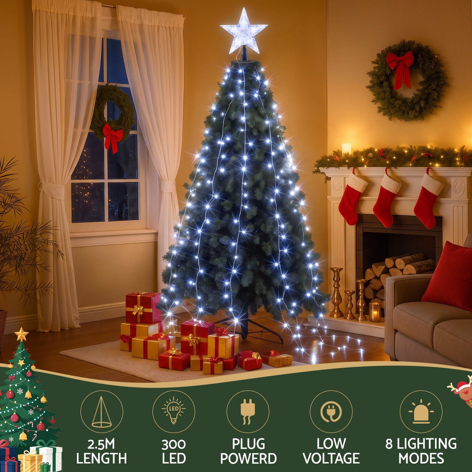 Jingle Jollys 2.5M Christmas Tree Lights Christmas Lights Tree Topper Waterfall