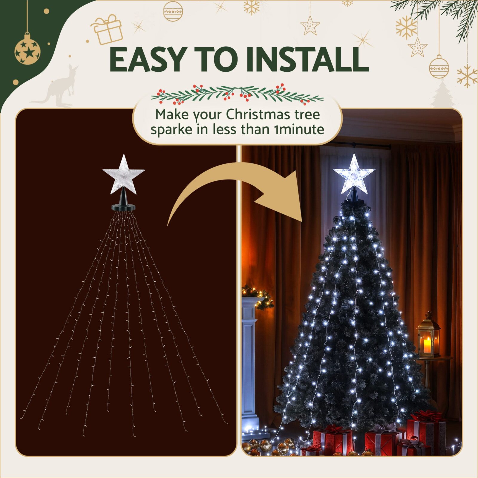 Jingle Jollys 2.5M Christmas Tree Lights Christmas Lights Tree Topper Waterfall