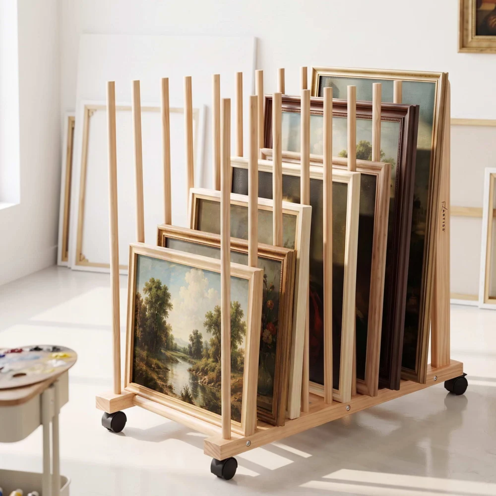 Artiss Art Drying & Storage Rack w/ Caster Wheels, Solid Wood Adjustable Slots