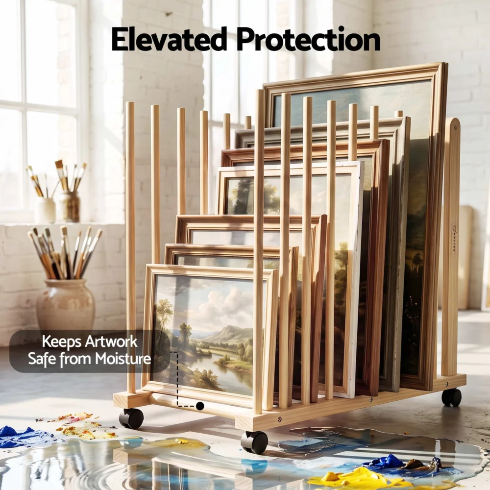 Artiss Art Drying & Storage Rack w/ Caster Wheels, Solid Wood Adjustable Slots