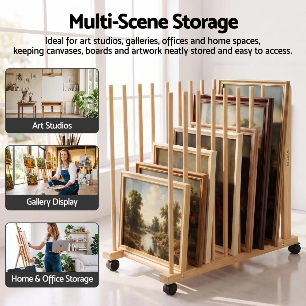 Artiss Art Drying & Storage Rack w/ Caster Wheels, Solid Wood Adjustable Slots