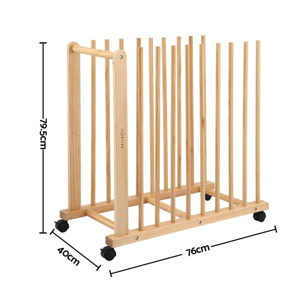 Artiss Art Drying & Storage Rack w/ Caster Wheels, Solid Wood Adjustable Slots