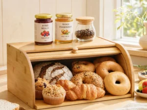 Artiss Bamboo Bread Box Bin Roll Top Kitchen Countertop Storage 45cm Natural