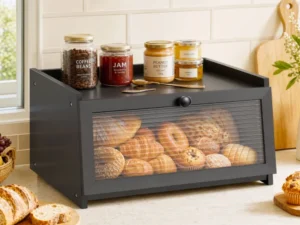 Artiss Bamboo Bread Box Kitchen Countertop Storage Clear Window Shelf 40cm Black