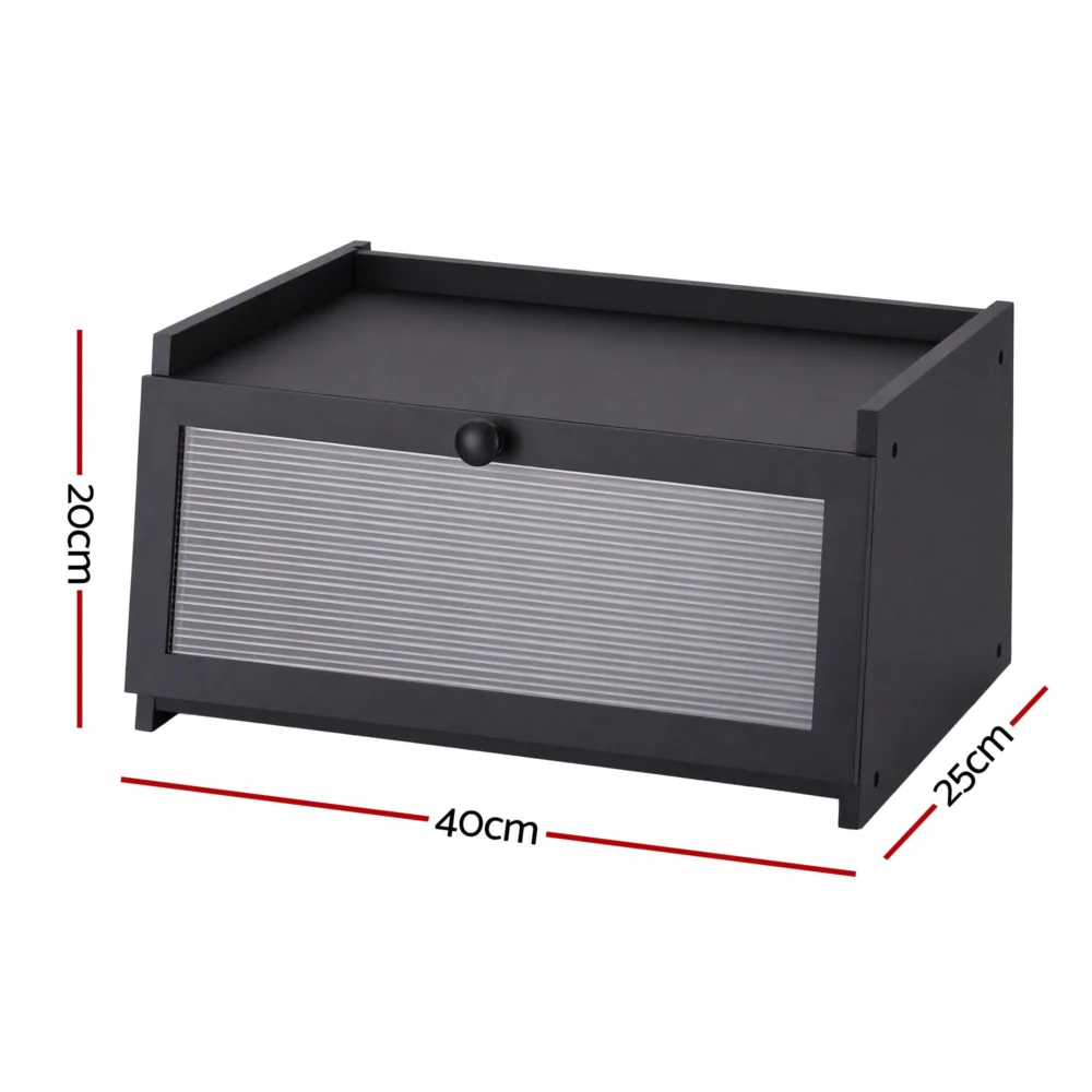 Artiss Bamboo Bread Box Kitchen Countertop Storage Clear Window Shelf 40cm Black