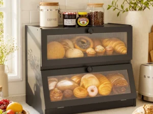 Artiss Bamboo Bread Box 2-Tier Kitchen Countertop Storage 40cm Black