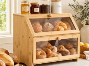 Artiss Bamboo Bread Box 2-Tier Kitchen Countertop Storage 39cm Natural