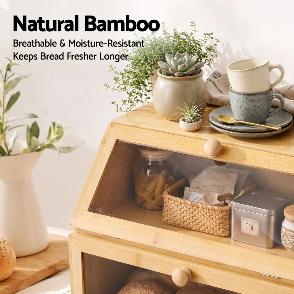 Artiss Bamboo Bread Box 2-Tier Kitchen Countertop Storage 39cm Natural