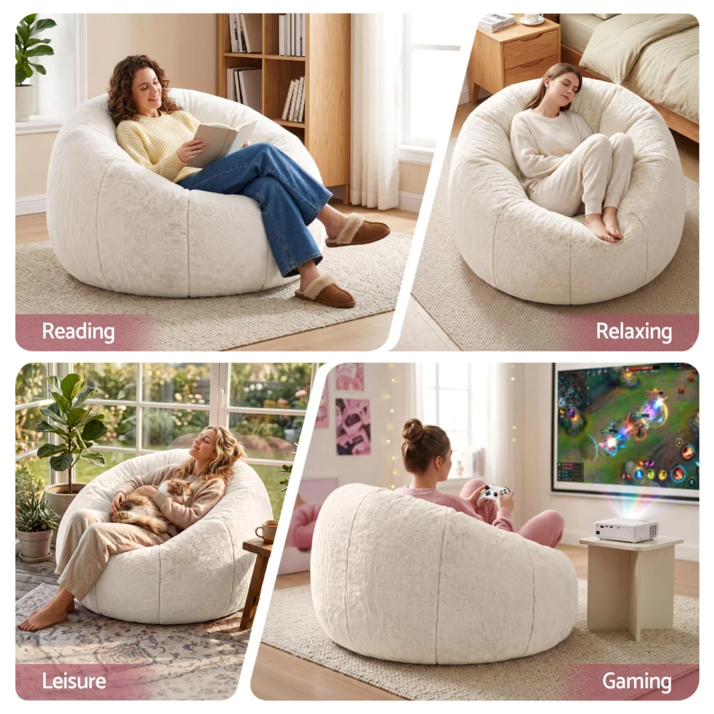 Artiss Bean Bag Chair Cover (No Filler) Soft Faux Fur Beanbag Cover Large Round