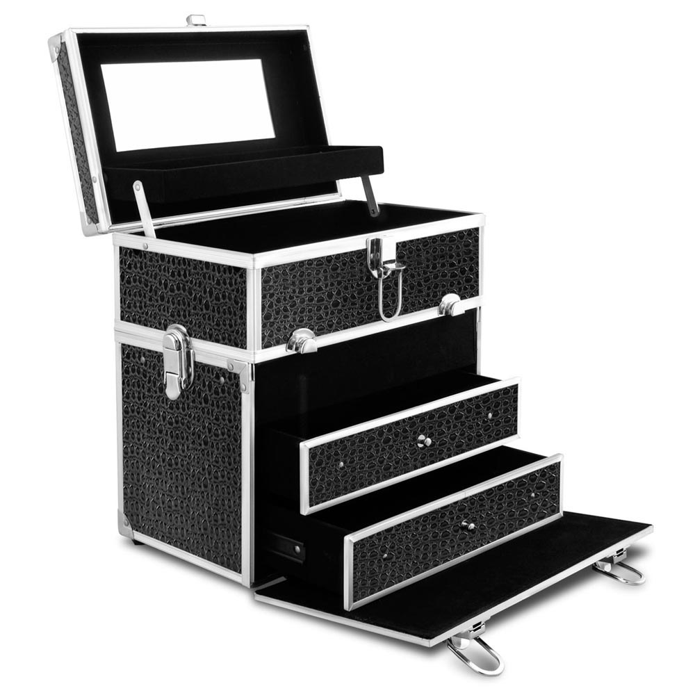 Embellir Portable Cosmetic Beauty Makeup Carry Case w/ Mirror - Crocodile Black
