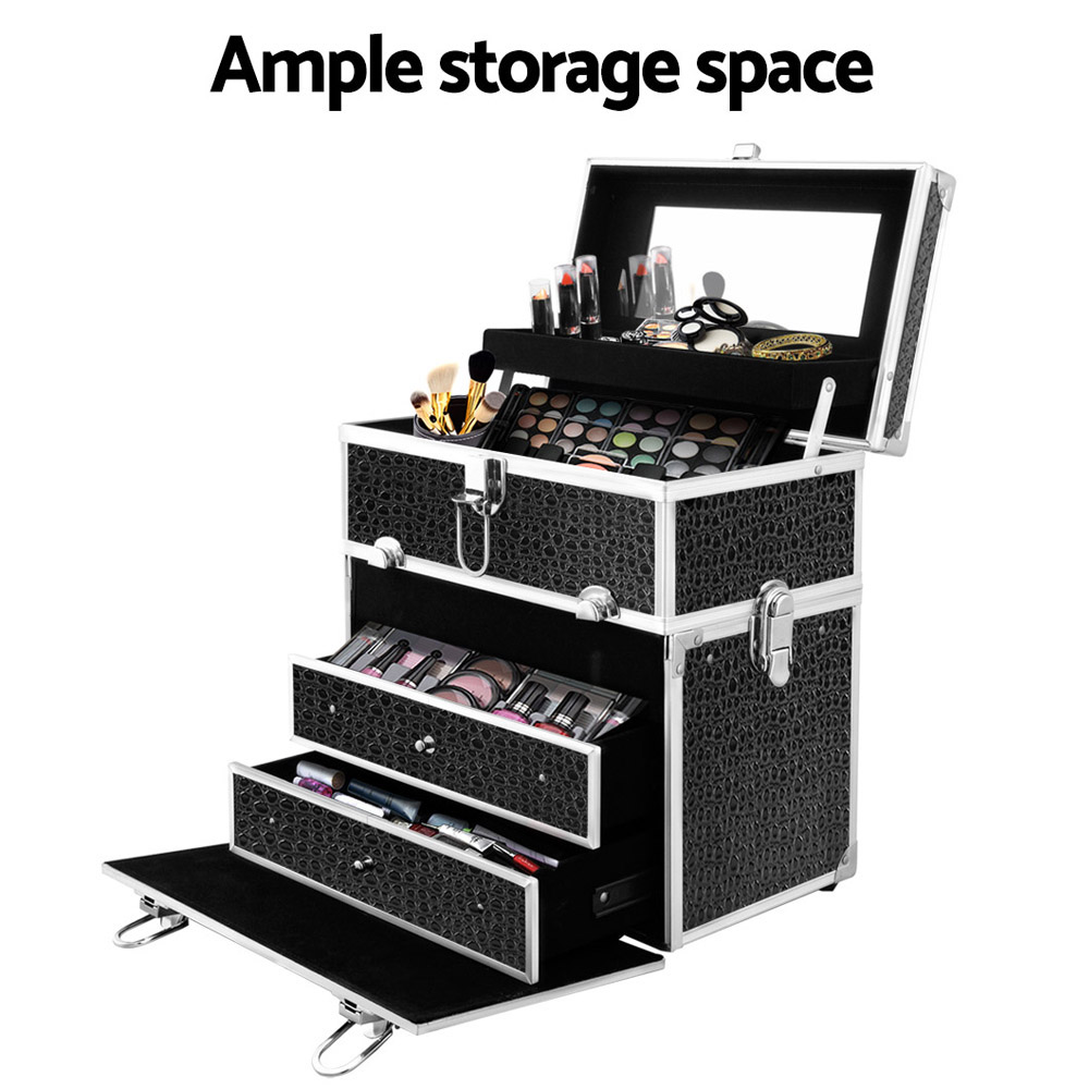 Embellir Portable Cosmetic Beauty Makeup Carry Case w/ Mirror - Crocodile Black