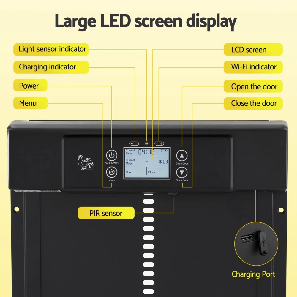 Giantz Automatic Chicken Coop Door 37cm Solar Powered Smart App Control Black