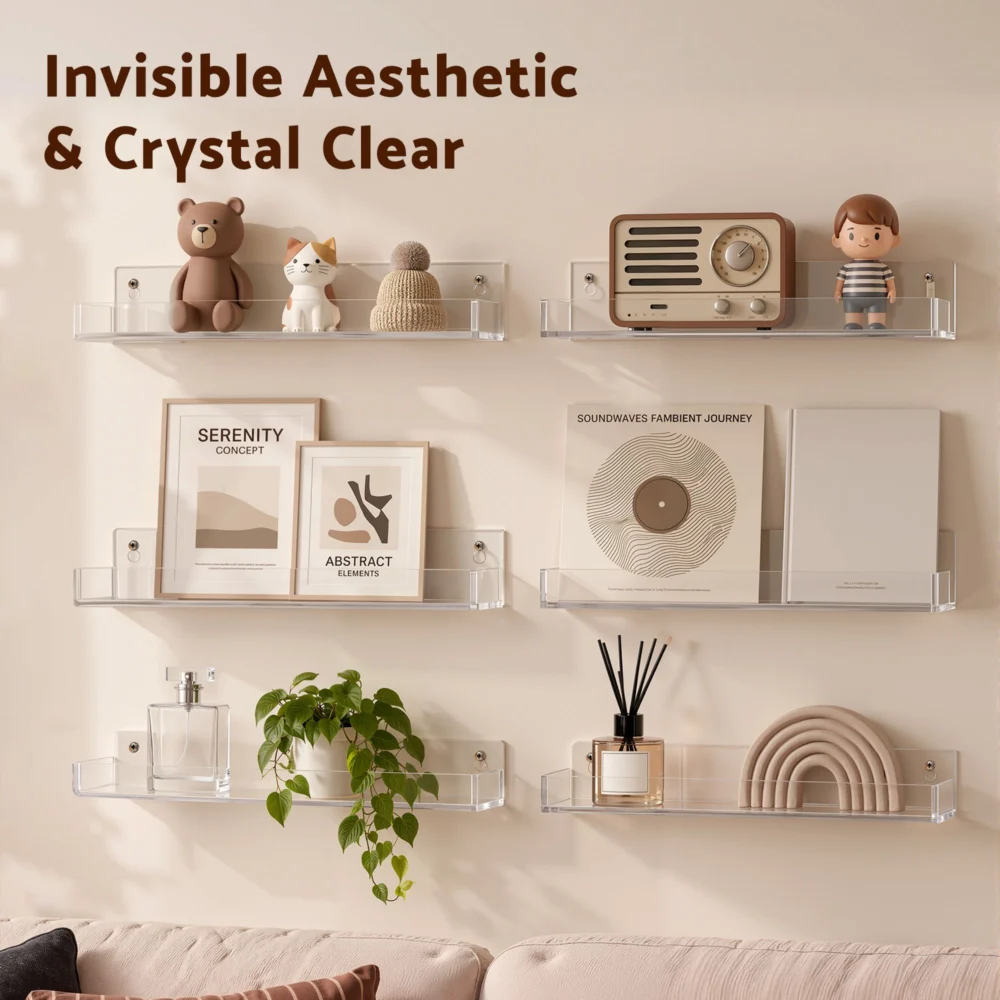 Artiss 6-Pack Acrylic Wall Shelves, Clear Floating Display Shelf w/ Detachable