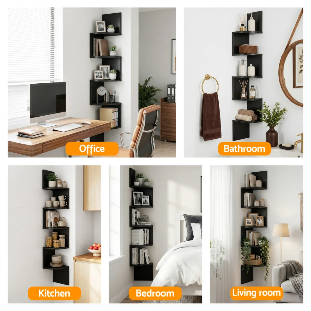 Artiss Wall Shelf Bookshelf Corner Floating 5-Tier Black