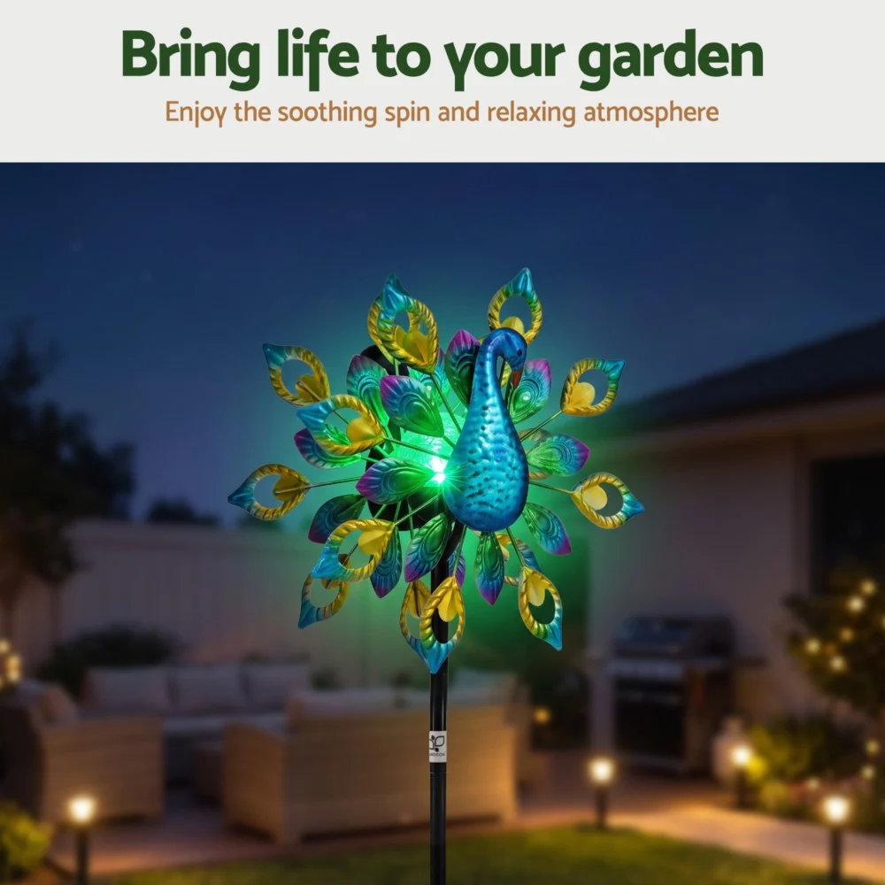 Gardeon Garden Windmill Solar Light Colorful Peacock Metal Spinner 190cm