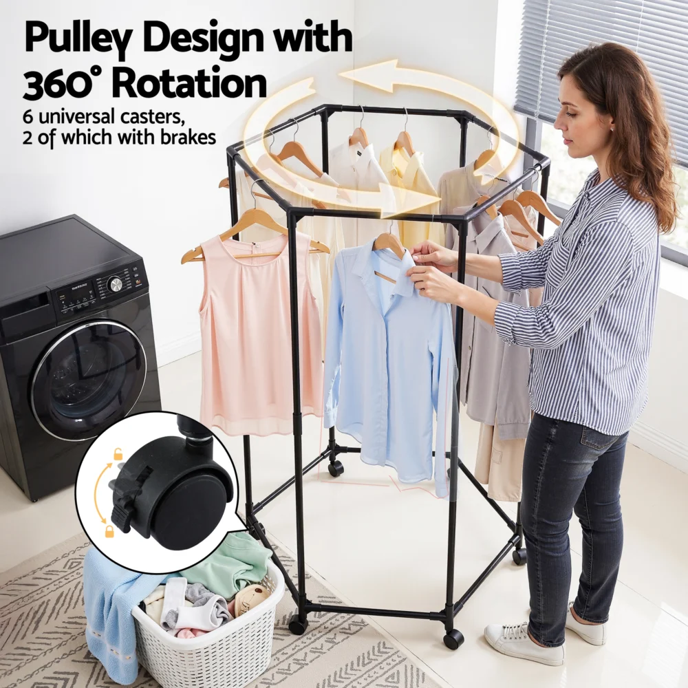Artiss Clothes Rack Airer Rail Coat Stand Wheels 6 Rods