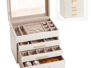 Embellir Jewellery Box 4 Layer Organiser Storage Case Glass Lid Drawers White