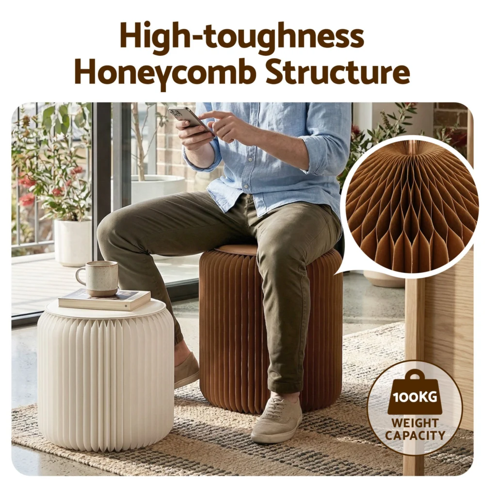 Artiss Accordion Folding Paper Stools Set Includes 2 Cushions Natural Kraft
