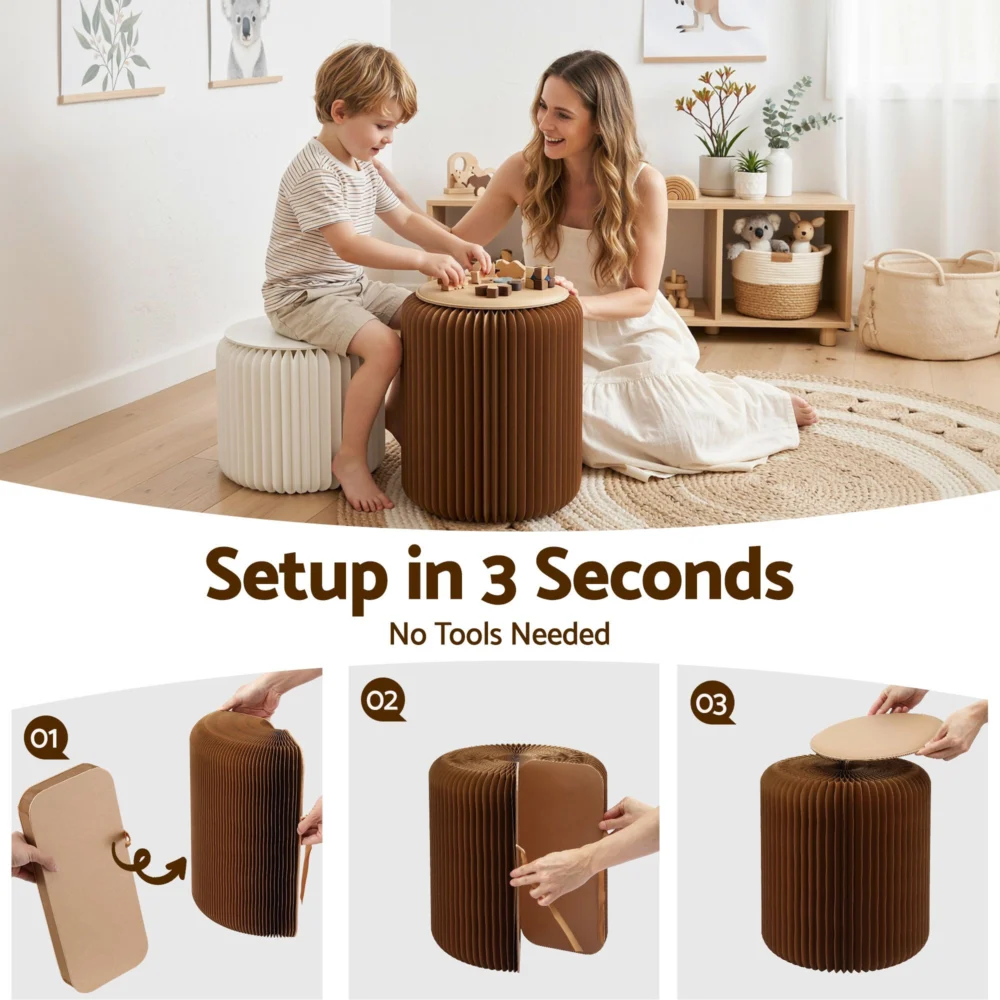 Artiss Accordion Folding Paper Stools Set Includes 2 Cushions Natural Kraft