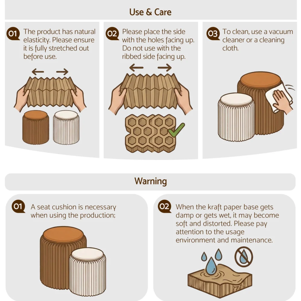 Artiss Accordion Folding Paper Stools Set Includes 2 Cushions Natural Kraft