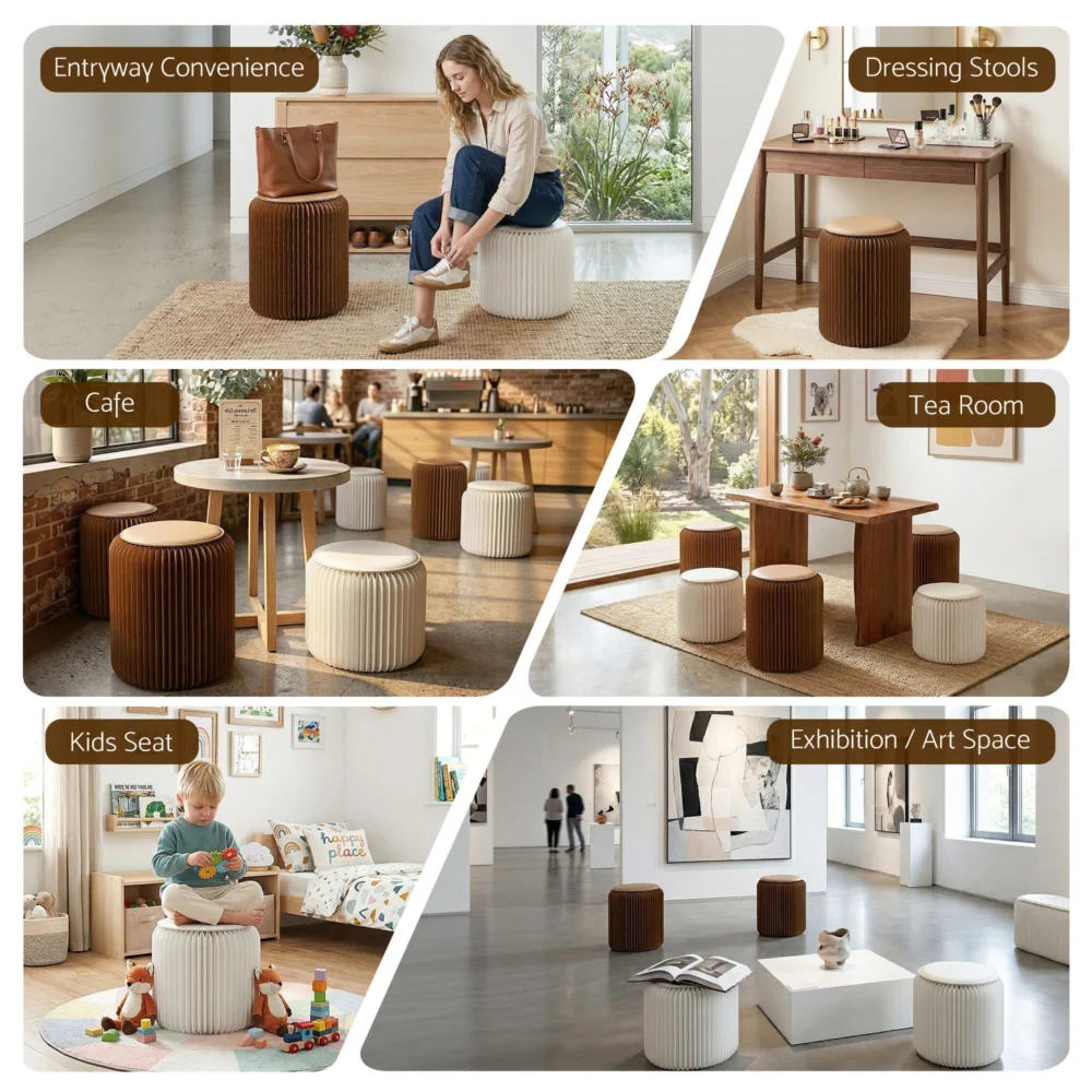 Artiss Accordion Folding Paper Stools Set Includes 2 Cushions Natural Kraft