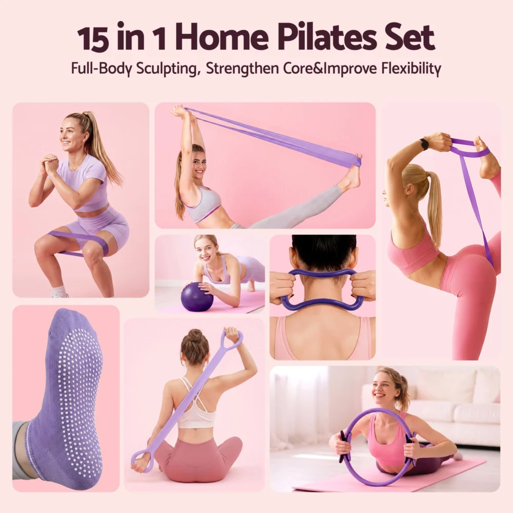 Everfit Pilates Ring Set for Women, 15pcs Home Workout Pilates Equipment w