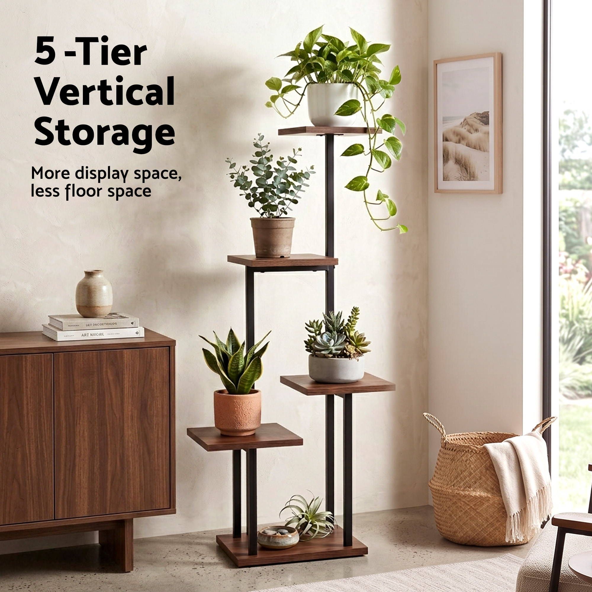 Artiss 5-Tier Plant Stand Indoor Outdoor, Metal & Wood Pot Plant Shelf, Tall