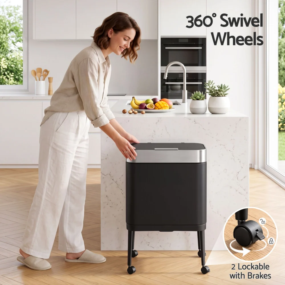 Cefito 40L Press Top Trash Can Kitchen Rubbish Bin Moblie Stainless Steel Black