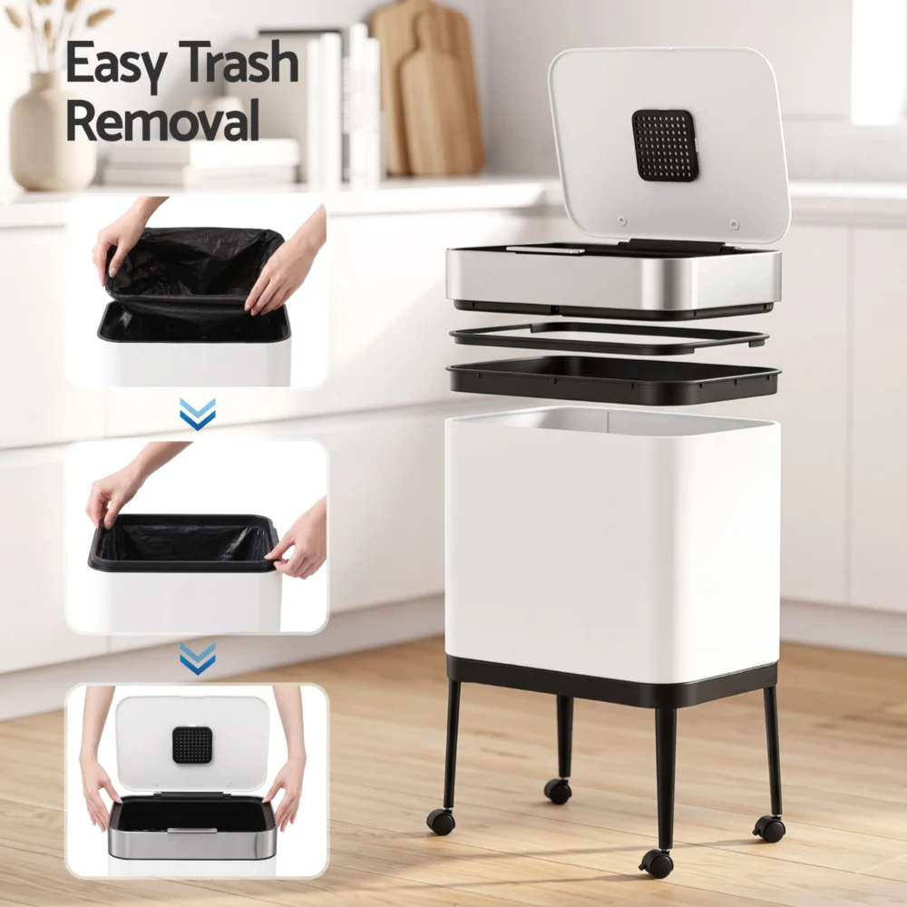 Cefito 40L Press Top Trash Can Kitchen Rubbish Bin Moblie Stainless Steel White