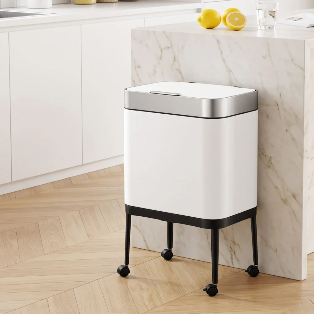 Cefito 40L Press Top Trash Can Kitchen Rubbish Bin Moblie Stainless Steel White