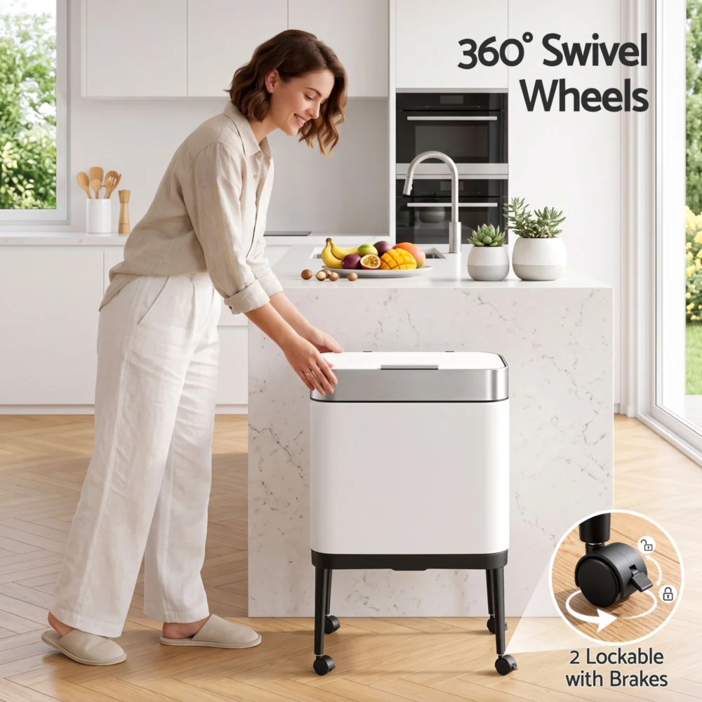 Cefito 40L Press Top Trash Can Kitchen Rubbish Bin Moblie Stainless Steel White