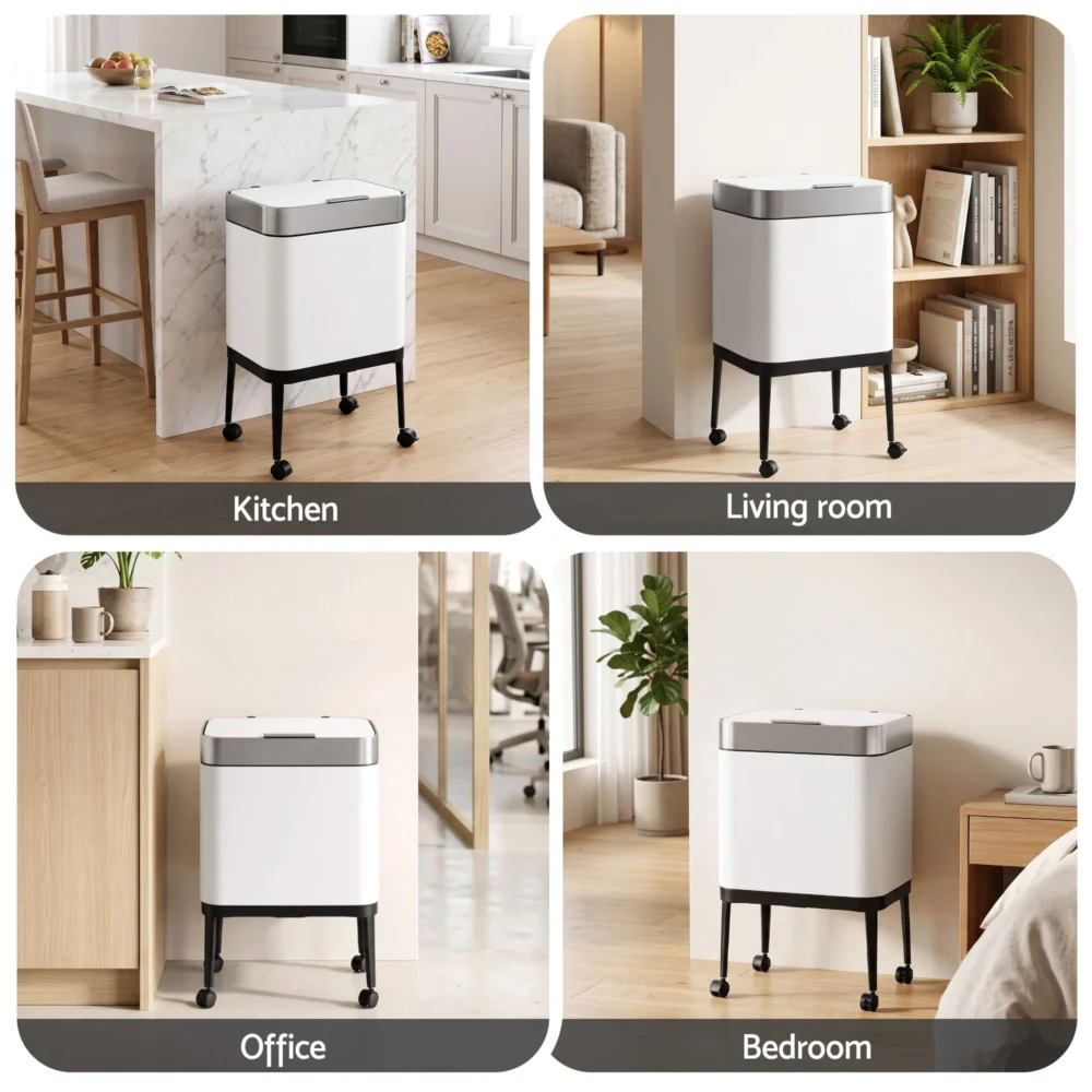 Cefito 40L Press Top Trash Can Kitchen Rubbish Bin Moblie Stainless Steel White