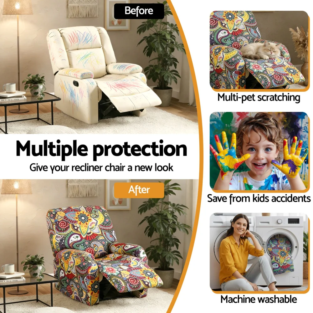 Artiss Split Stretch Recliner Chair Cover, Printed Non Slip Slipcover