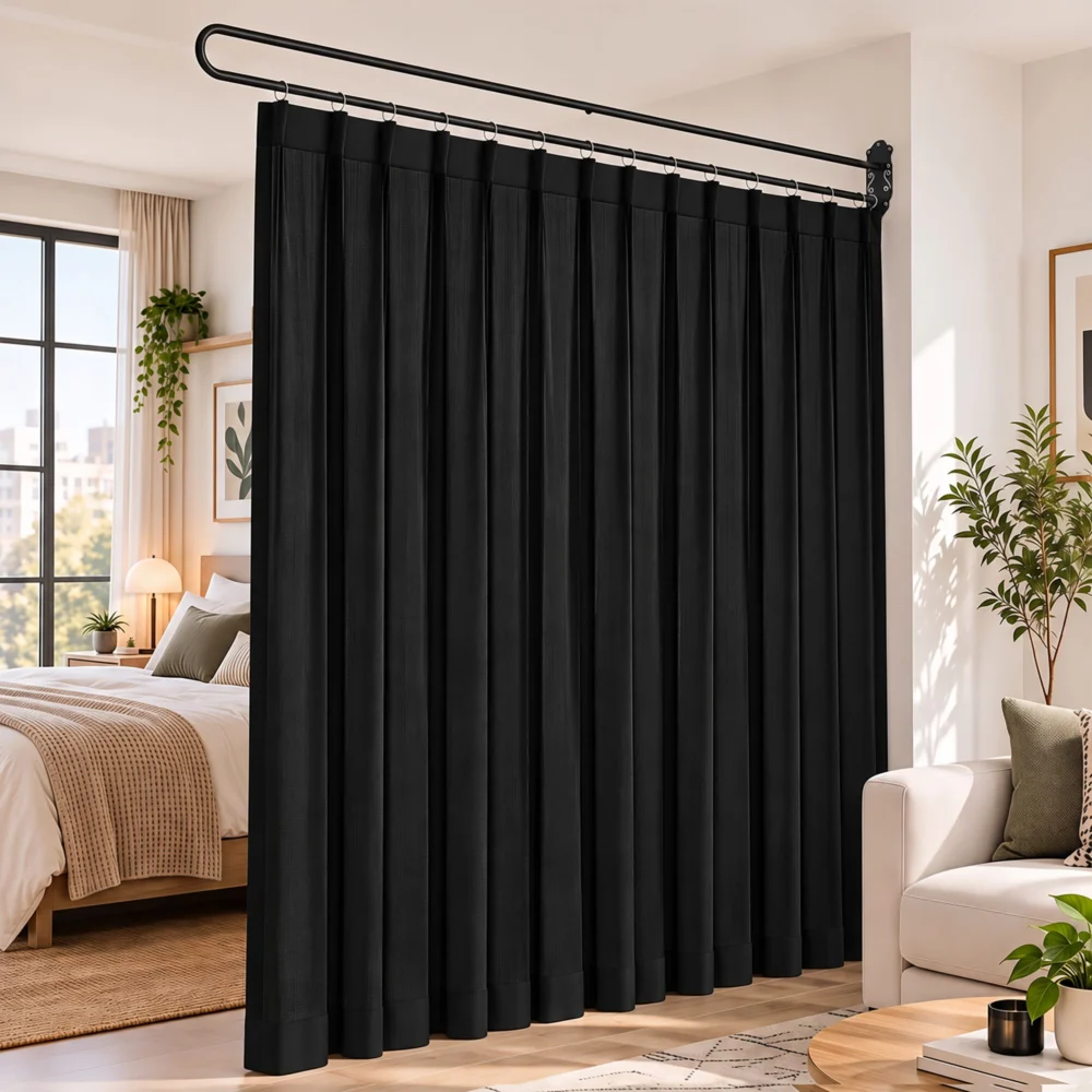 Artiss Room Divider Wall Mounted Hanging Curtain Partition Screen Black